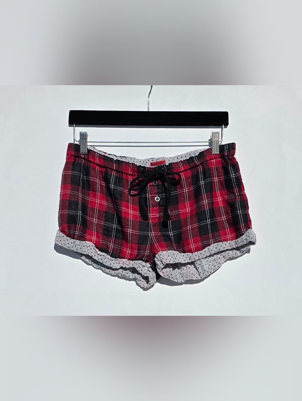 PJ Salvage Y2k Size M Women's Red Plaid Sleep Shorts with Polka Dot Trim